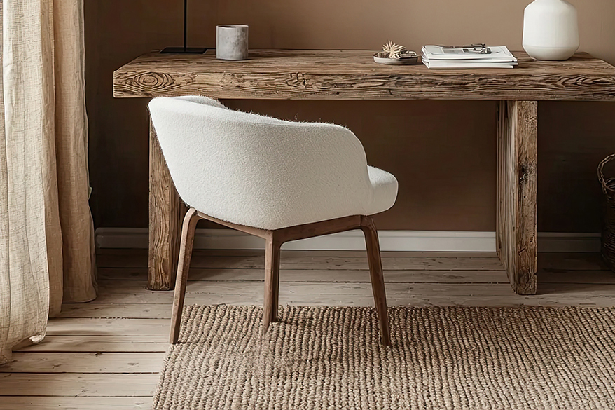 brown home officer decor with wooden floor and cream chair